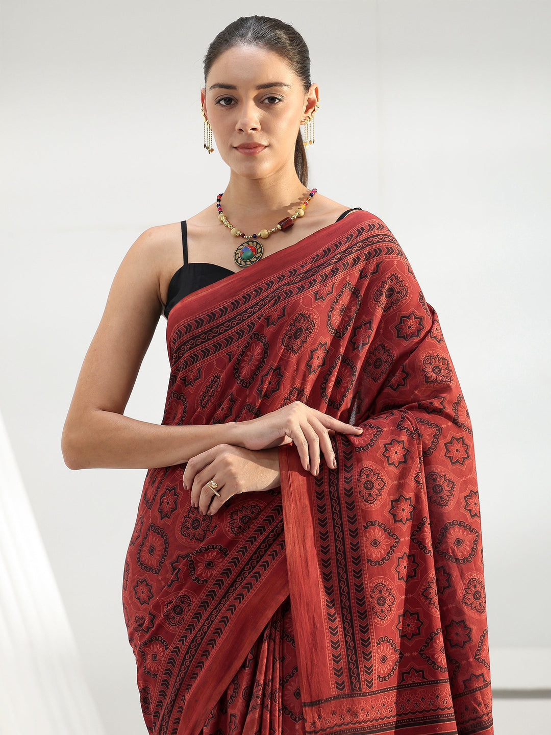 Brick Red Ethnic Bagru Print Cotton Saree