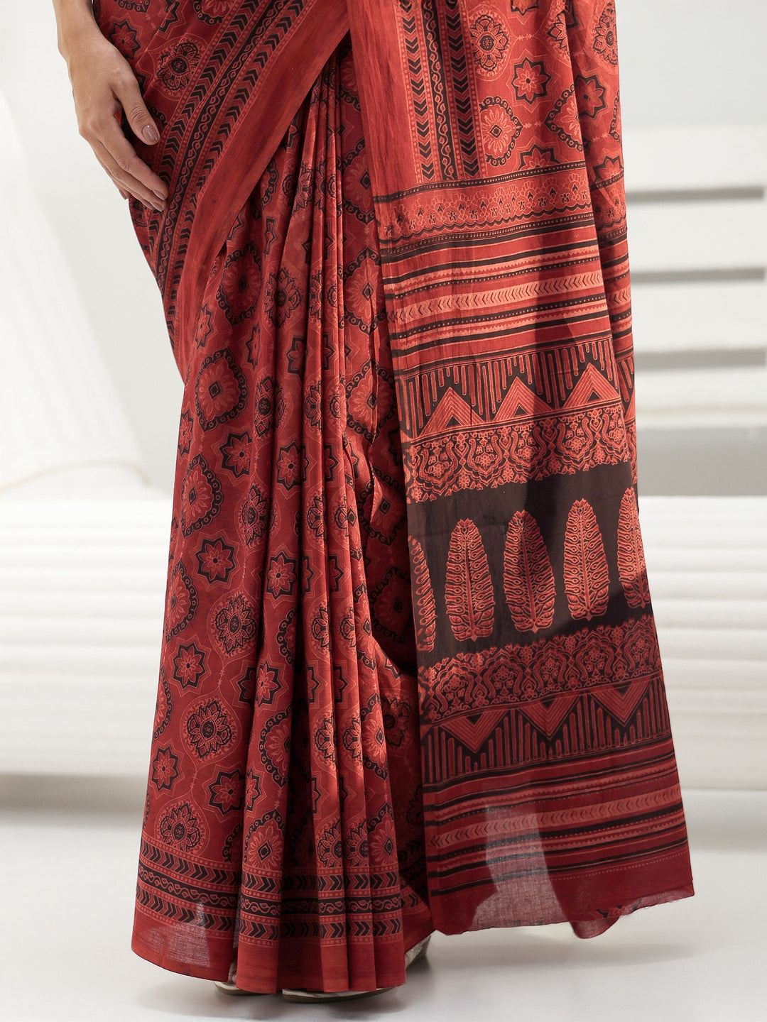 Brick Red Ethnic Bagru Print Cotton Saree
