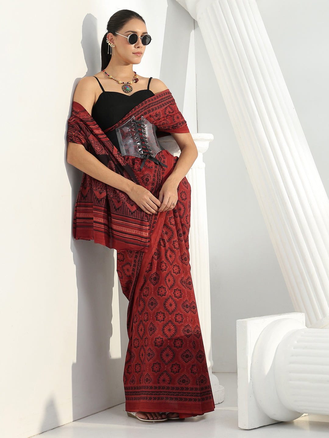 Brick Red Ethnic Bagru Print Cotton Saree