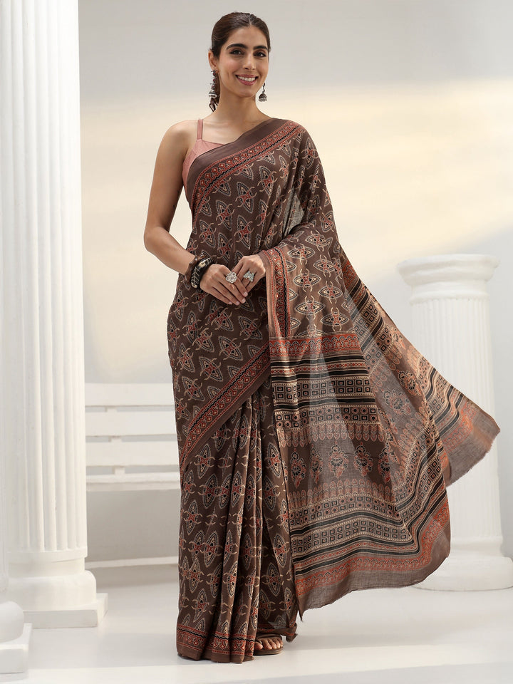 Brown Ethnic Dabu Print Cotton Saree