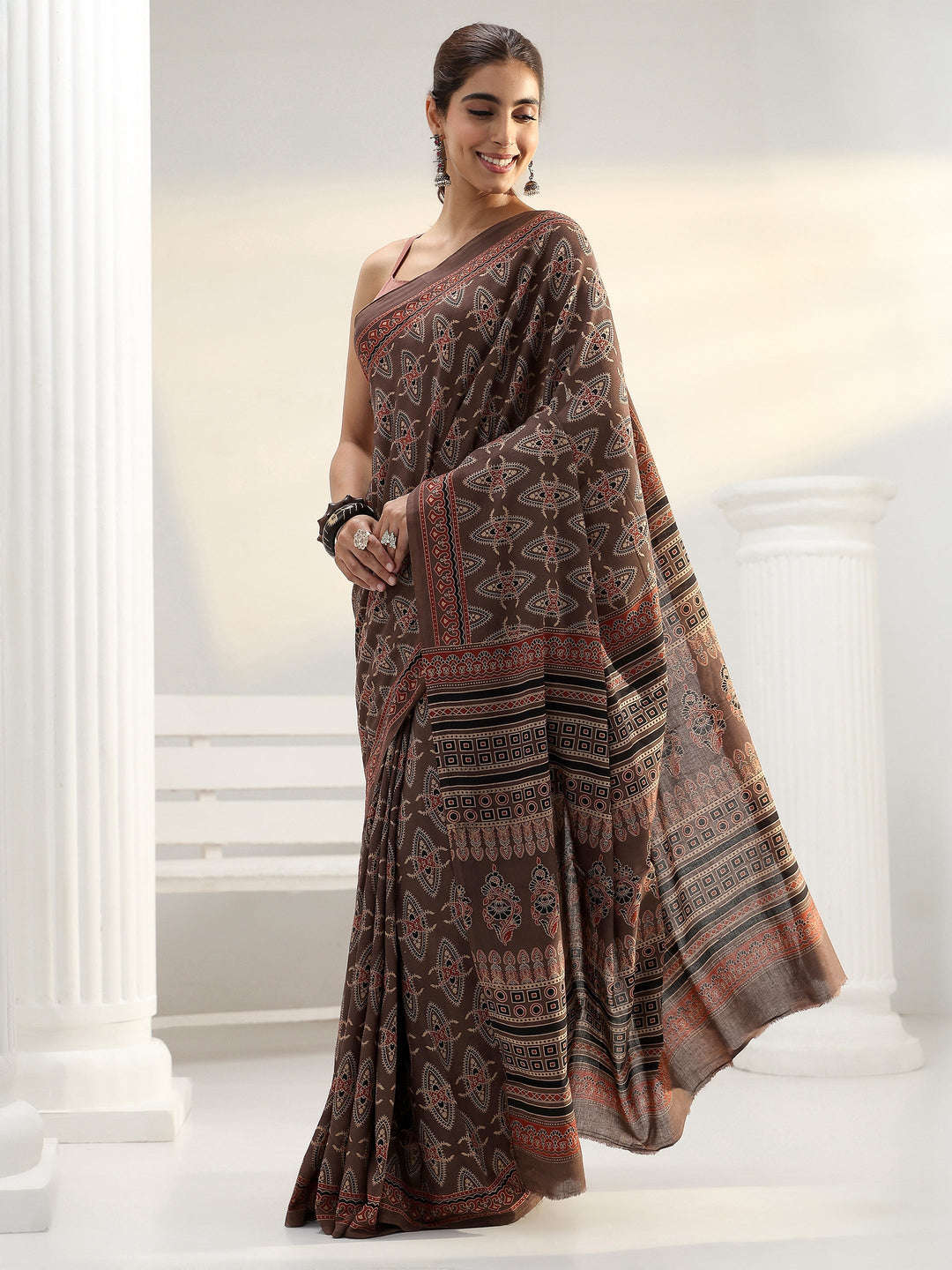 Brown Ethnic Dabu Print Cotton Saree