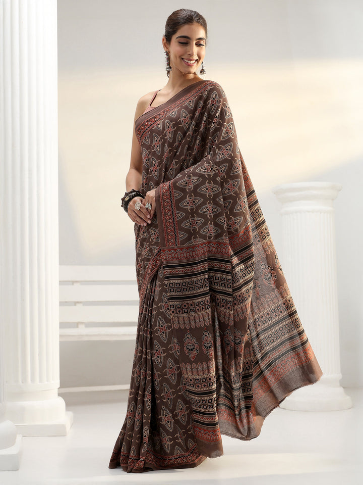 Brown Ethnic Dabu Print Cotton Saree