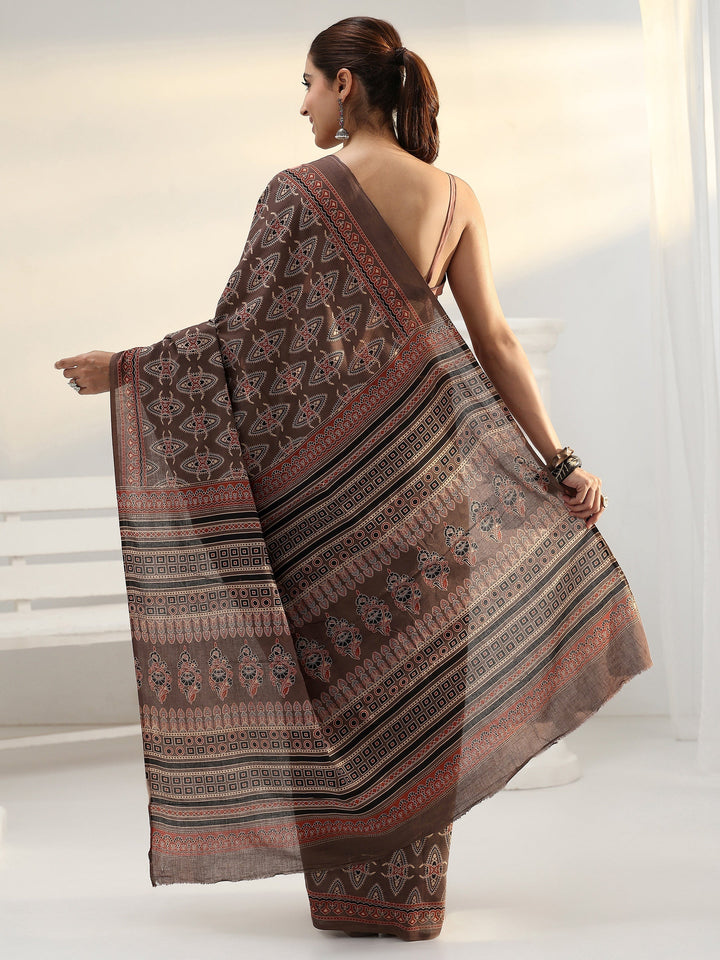Brown Ethnic Dabu Print Cotton Saree