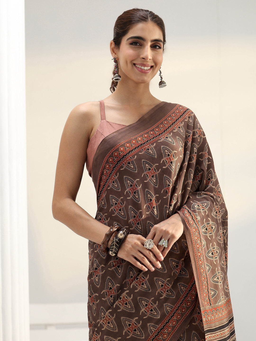Brown Ethnic Dabu Print Cotton Saree