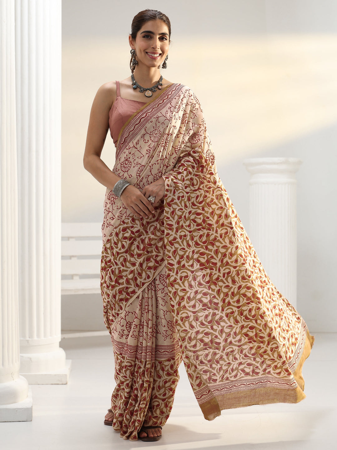 Beige Floral Bagru Print Cotton Saree