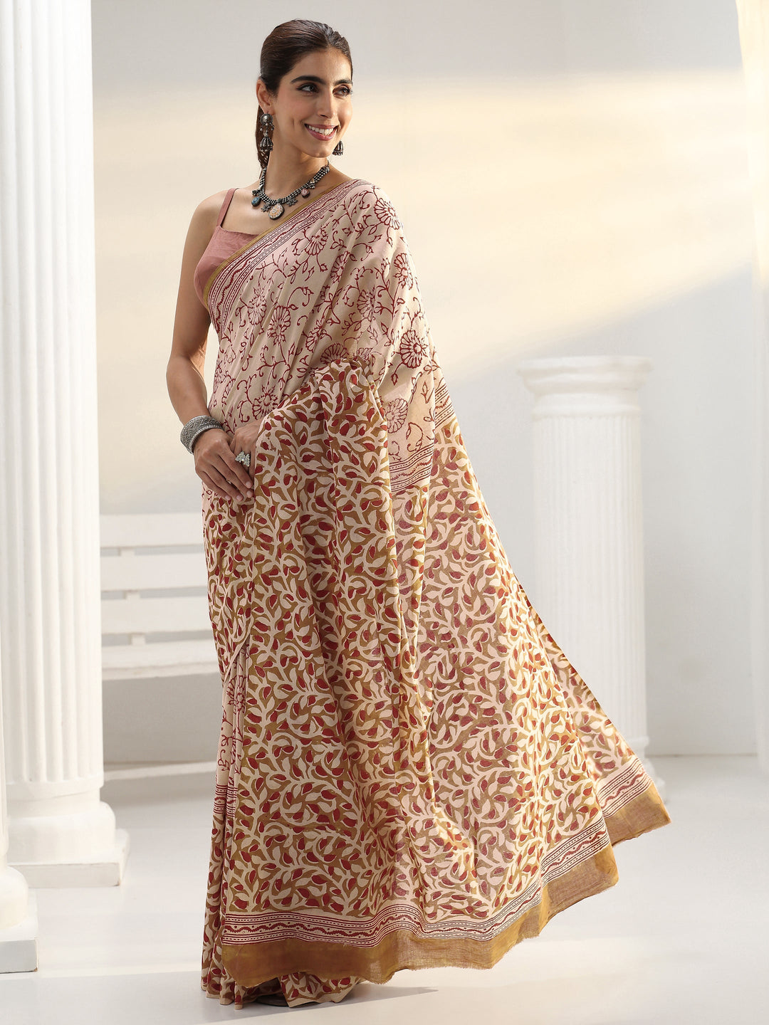 Beige Floral Bagru Print Cotton Saree