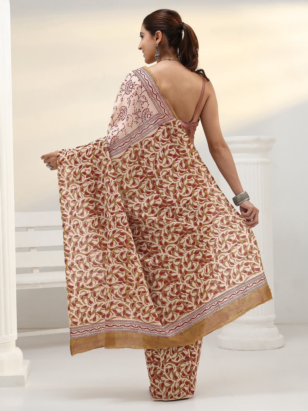 Beige Floral Bagru Print Cotton Saree