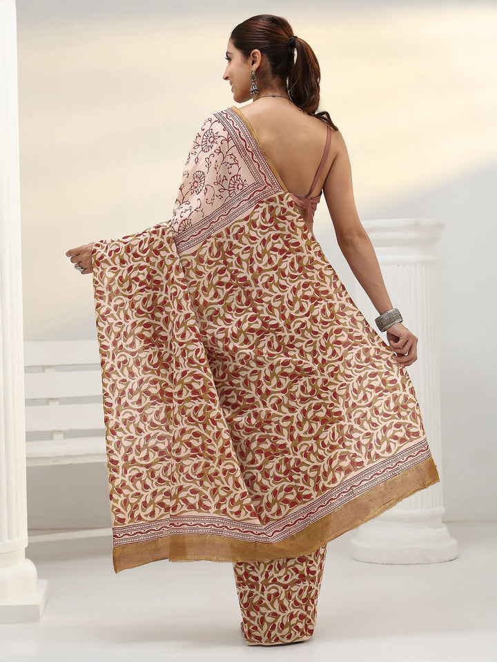 Beige Floral Bagru Print Cotton Saree