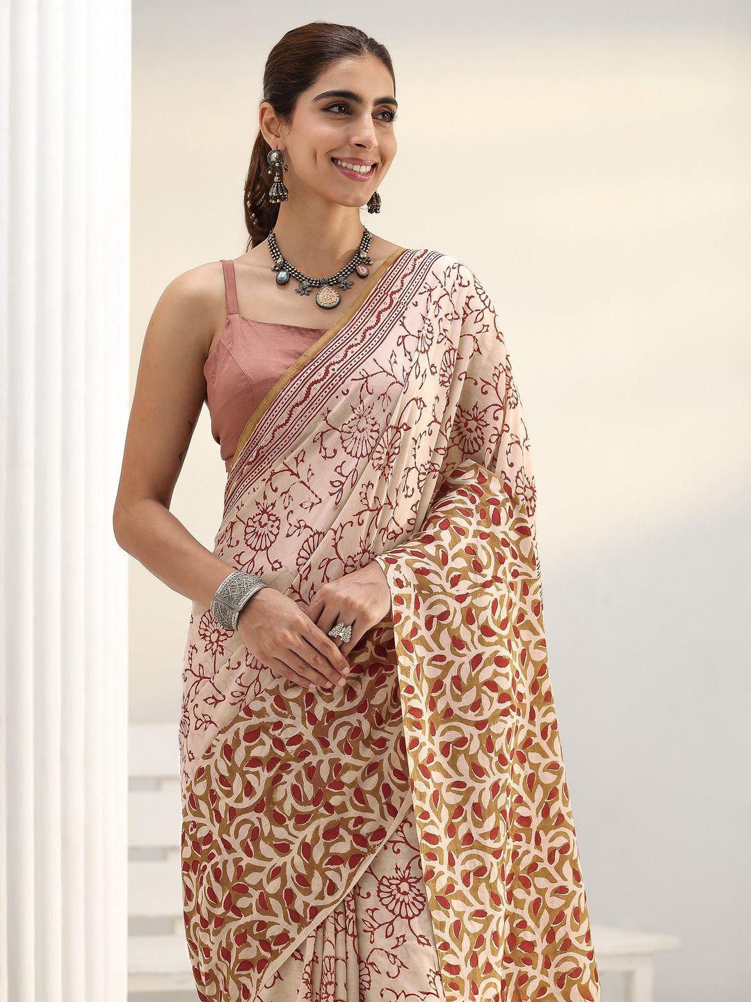 Beige Floral Bagru Print Cotton Saree