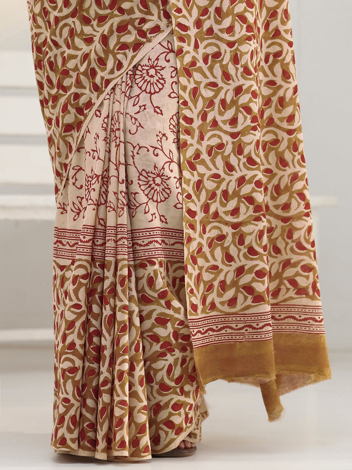 Beige Floral Bagru Print Cotton Saree