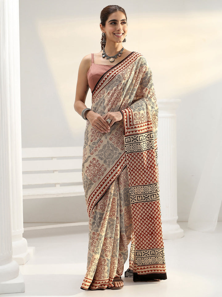 Beige Ethnic Bagru Print Cotton Saree