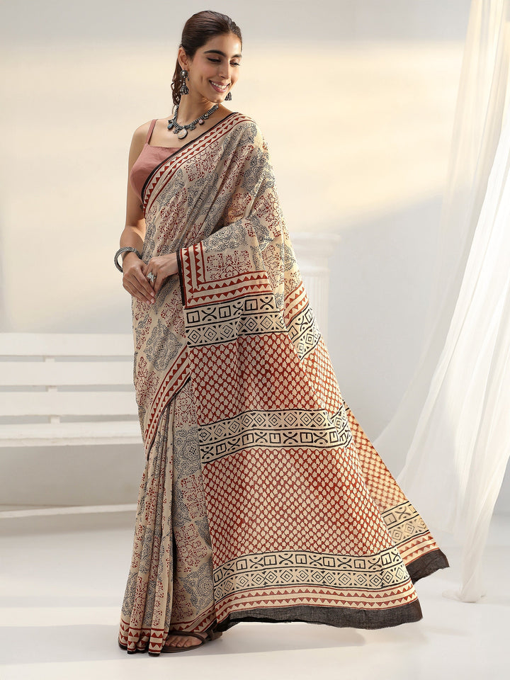 Beige Ethnic Bagru Print Cotton Saree