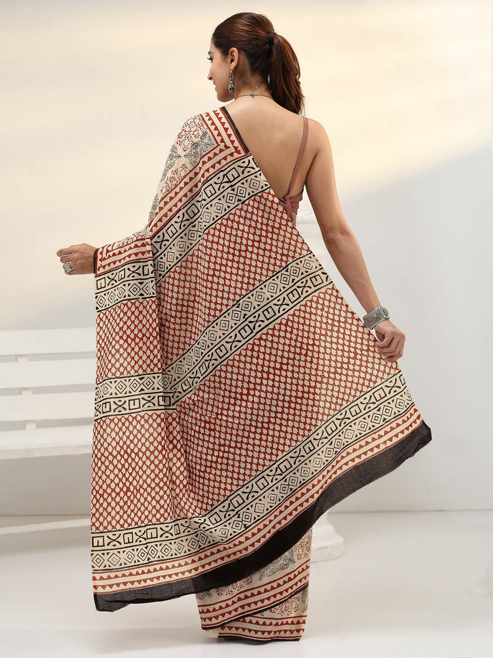 Beige Ethnic Bagru Print Cotton Saree