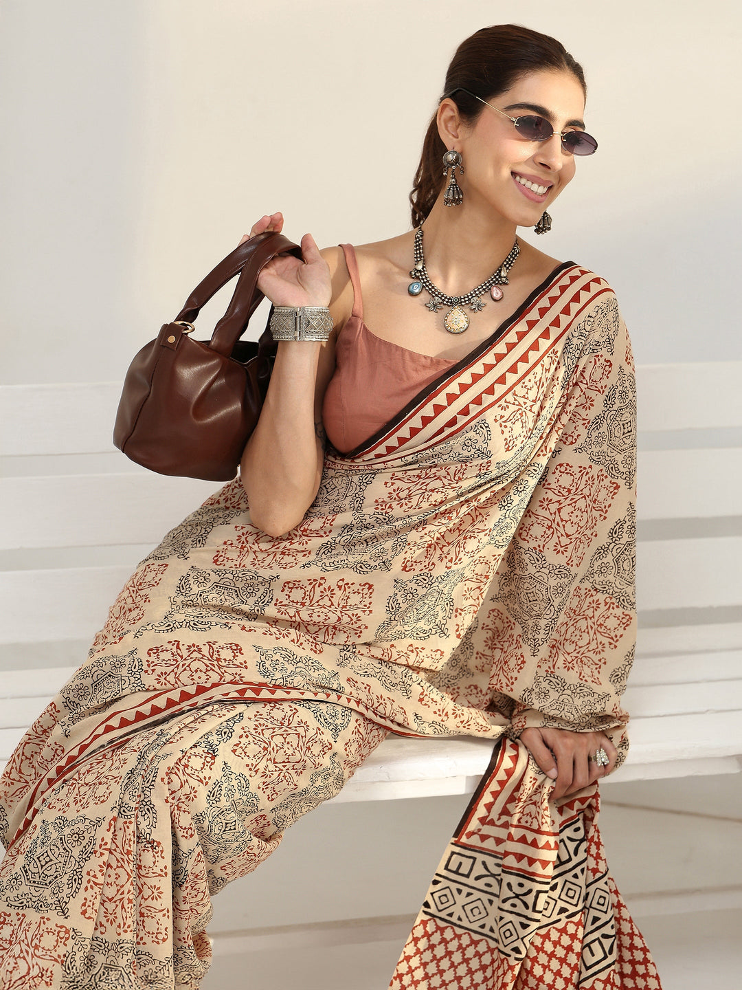Beige Ethnic Bagru Print Cotton Saree