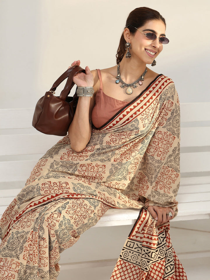 Beige Ethnic Bagru Print Cotton Saree