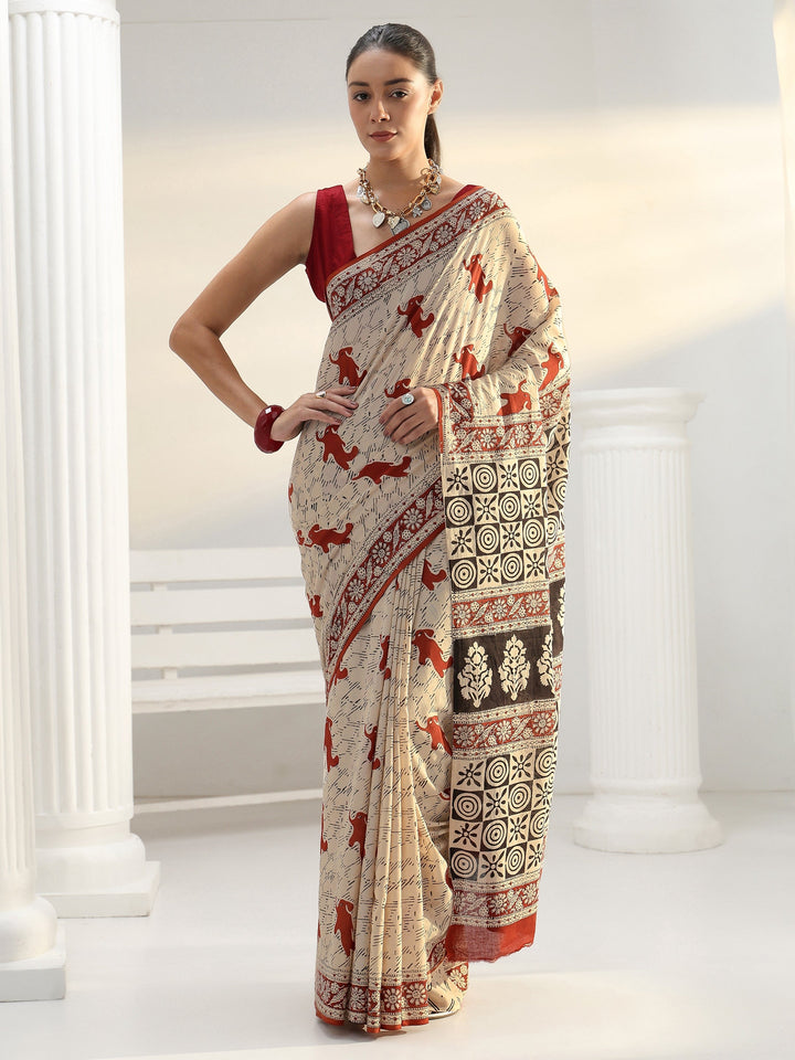 Beige Quirky Bagru Print Cotton Saree