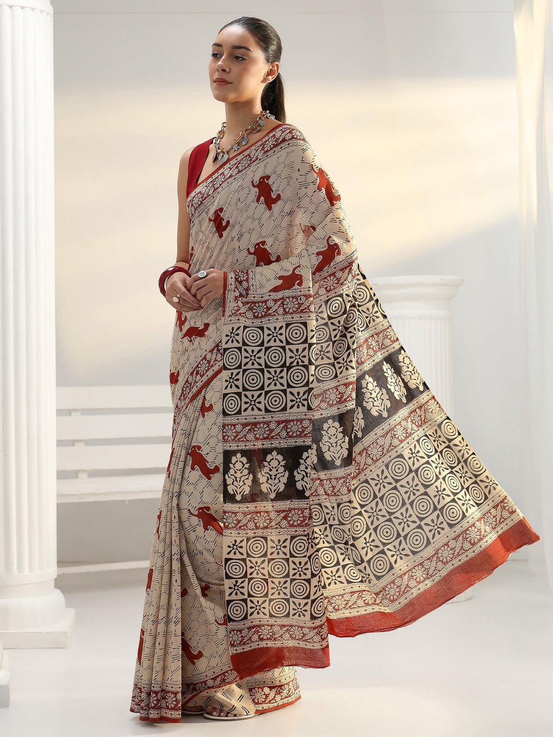 Beige Quirky Bagru Print Cotton Saree