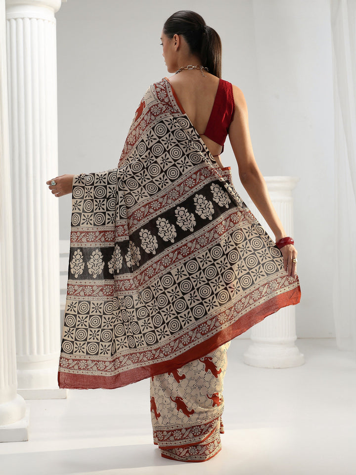 Beige Quirky Bagru Print Cotton Saree