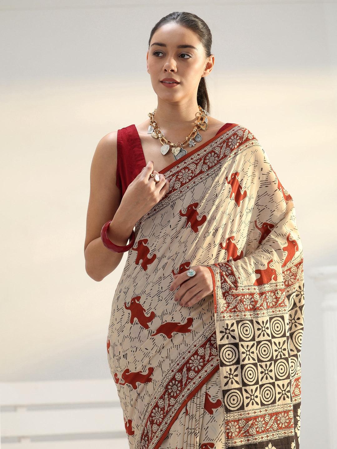 Beige Quirky Bagru Print Cotton Saree