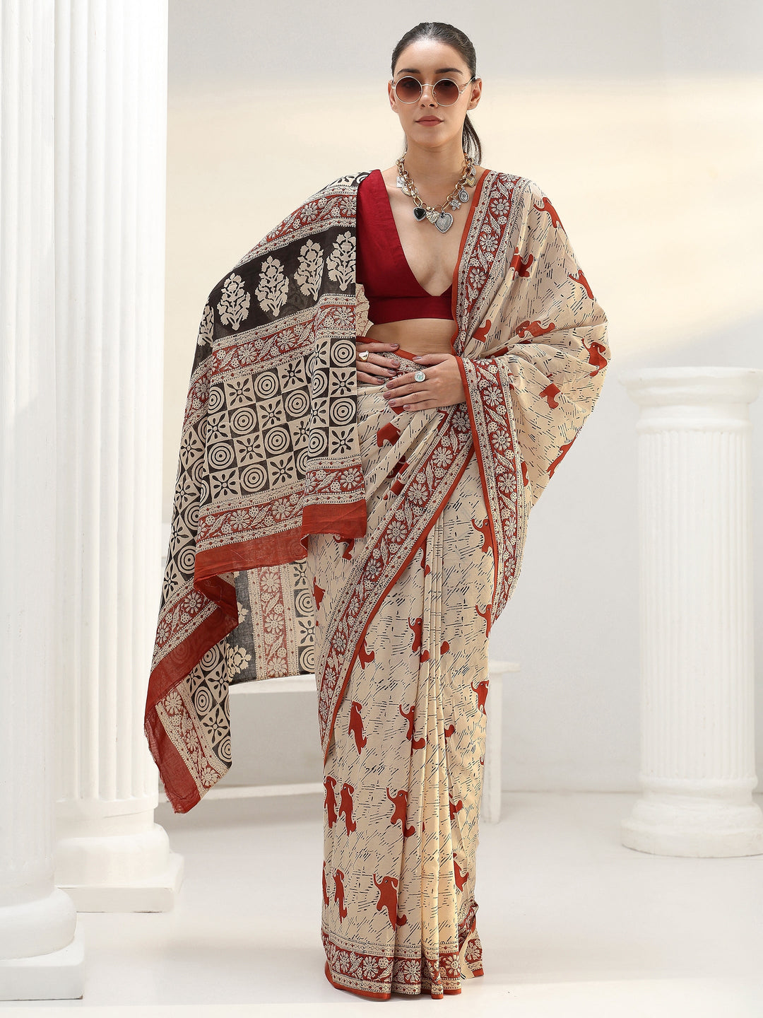 Beige Quirky Bagru Print Cotton Saree