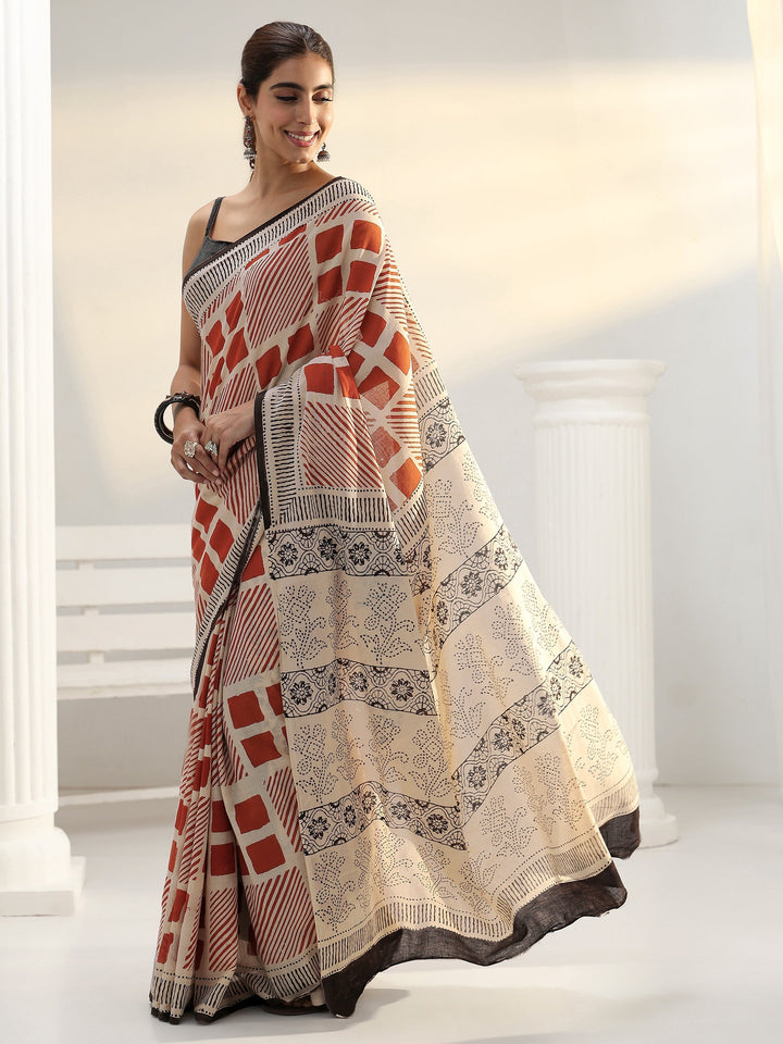 Beige Geometric Bagru Print Cotton Saree