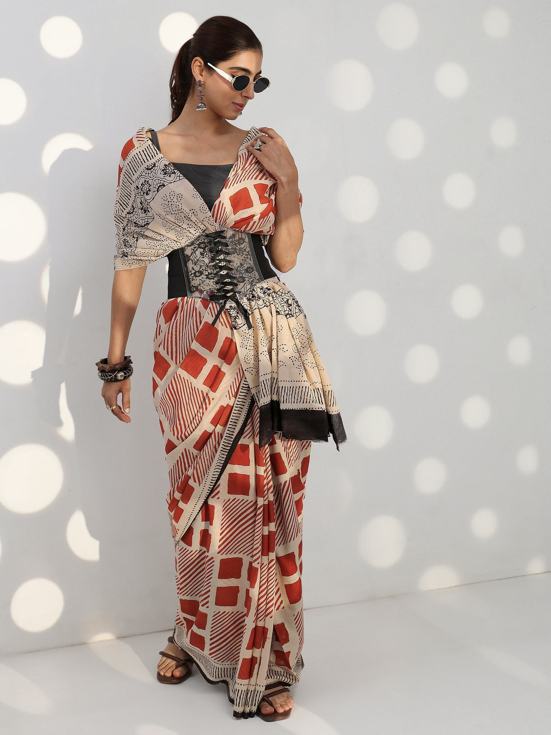 Beige Geometric Bagru Print Cotton Saree