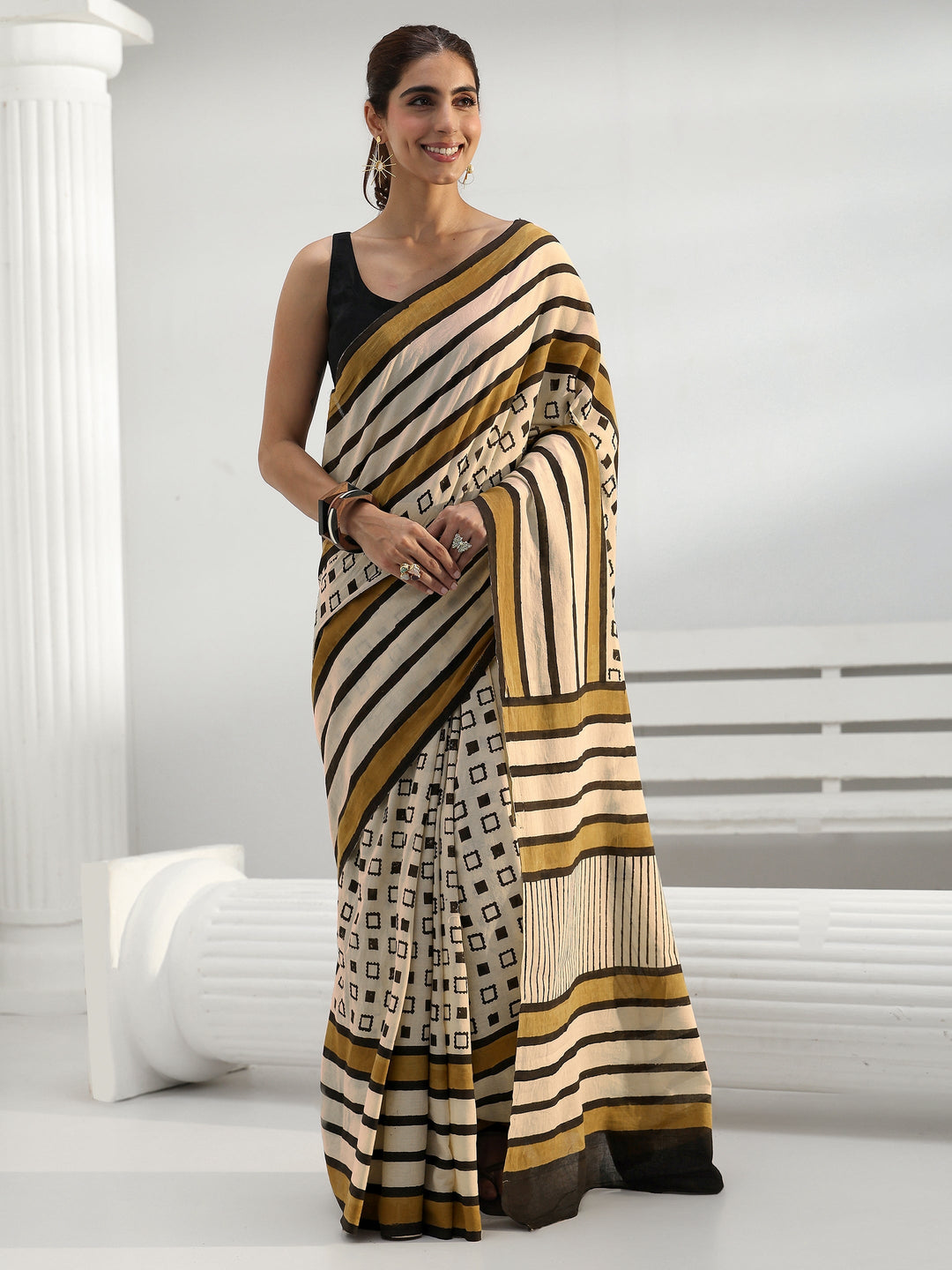 Beige Striped Cotton Saree