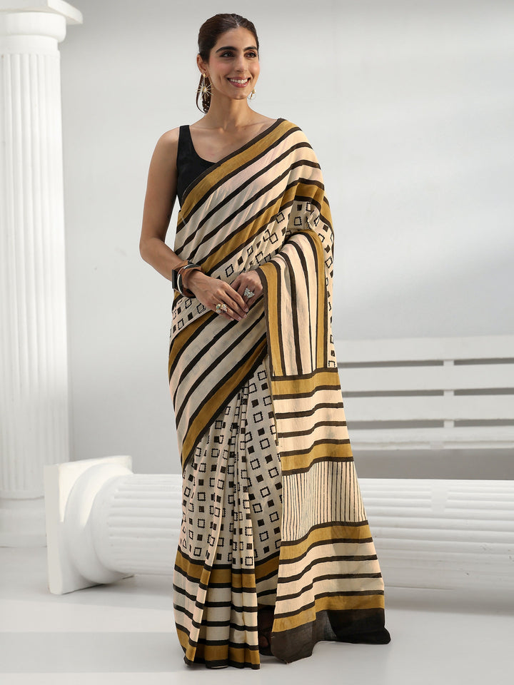 Beige Striped Cotton Saree