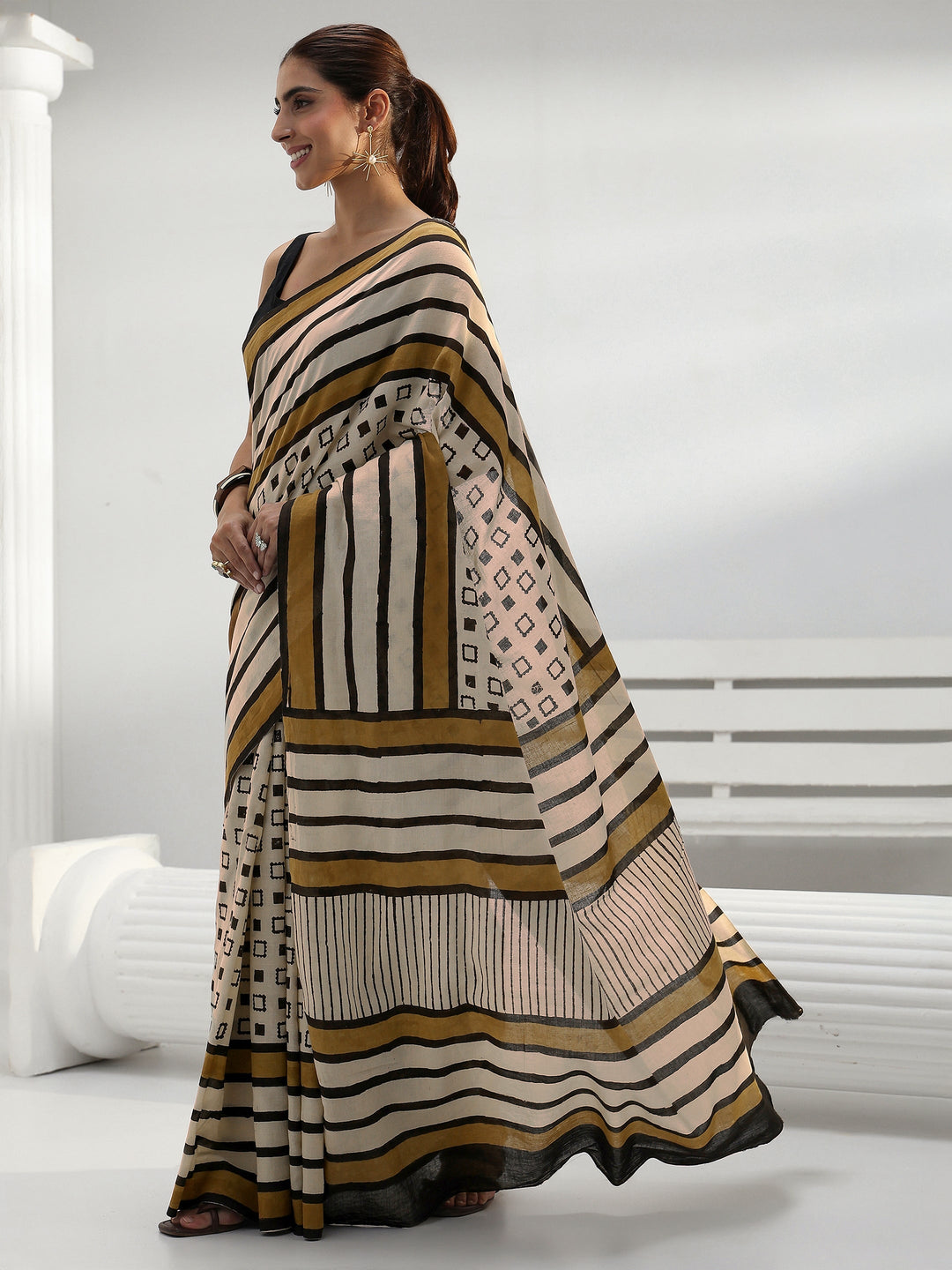 Beige Striped Cotton Saree