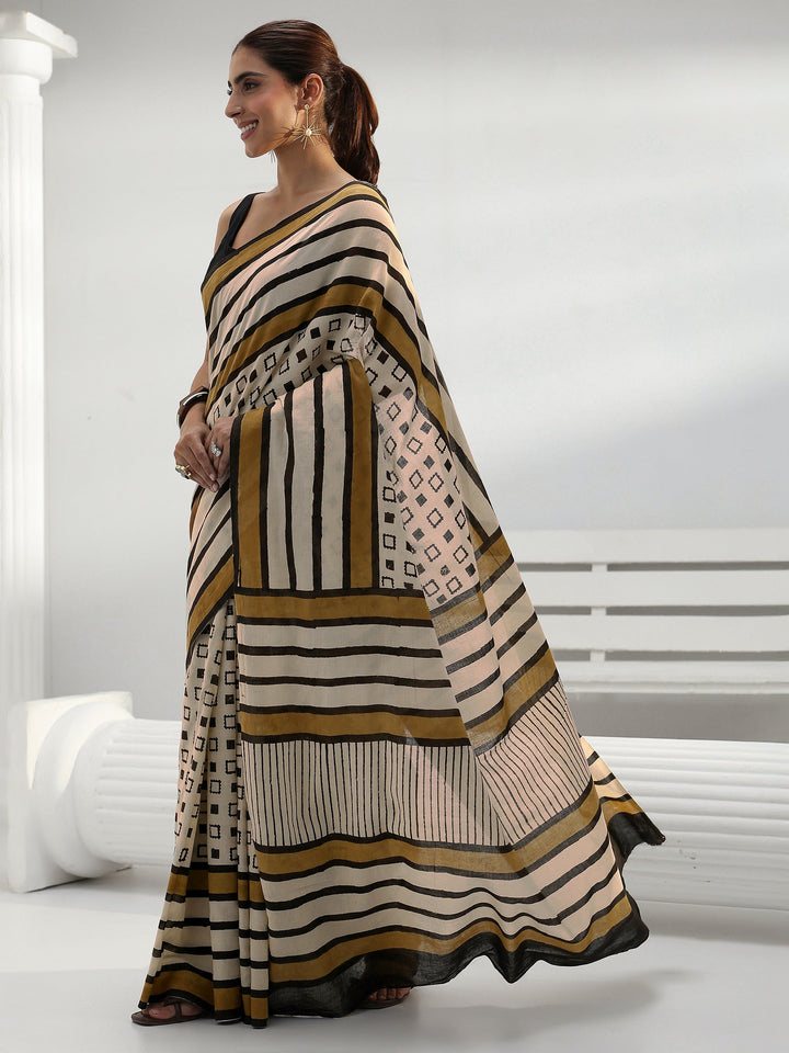 Beige Striped Cotton Saree