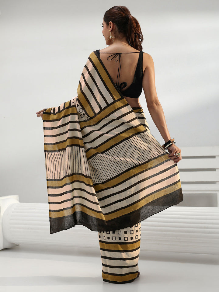 Beige Striped Cotton Saree