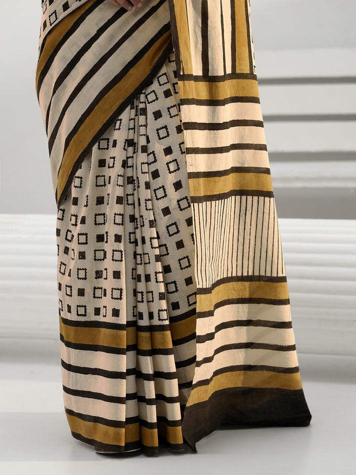 Beige Striped Cotton Saree