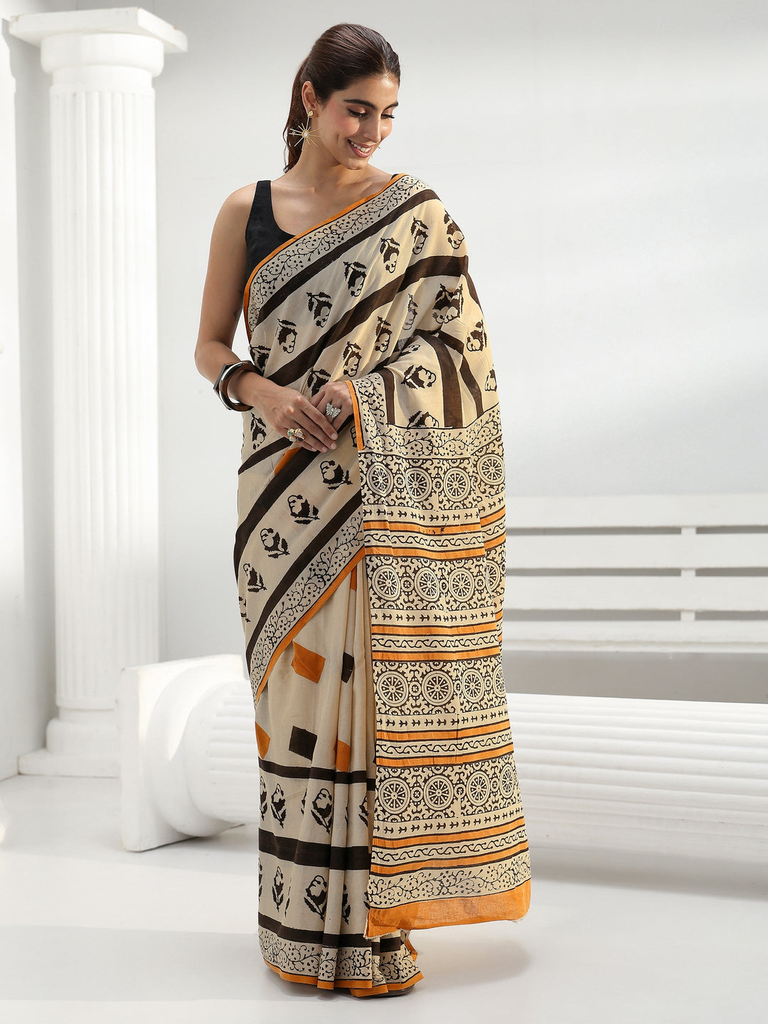 Beige Geometric Print Cotton Saree