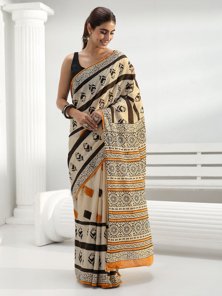 Beige Geometric Print Cotton Saree