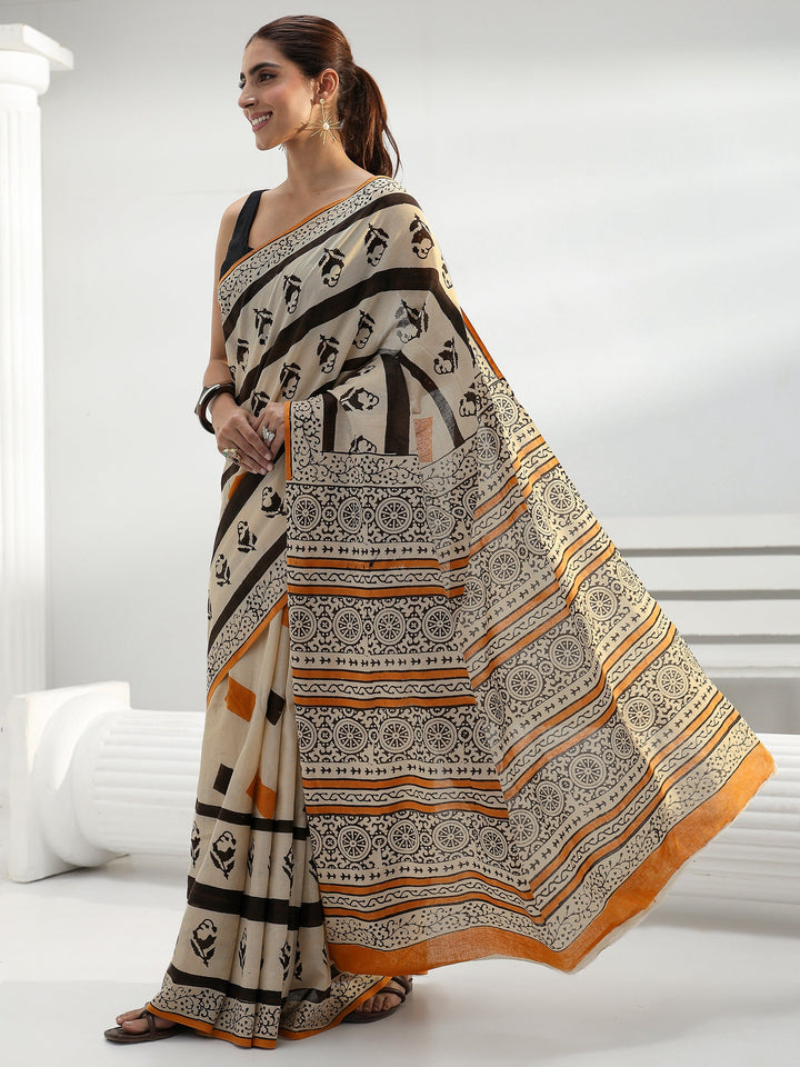 Beige Geometric Print Cotton Saree