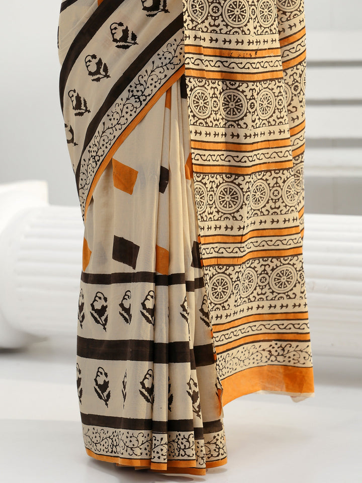 Beige Geometric Print Cotton Saree