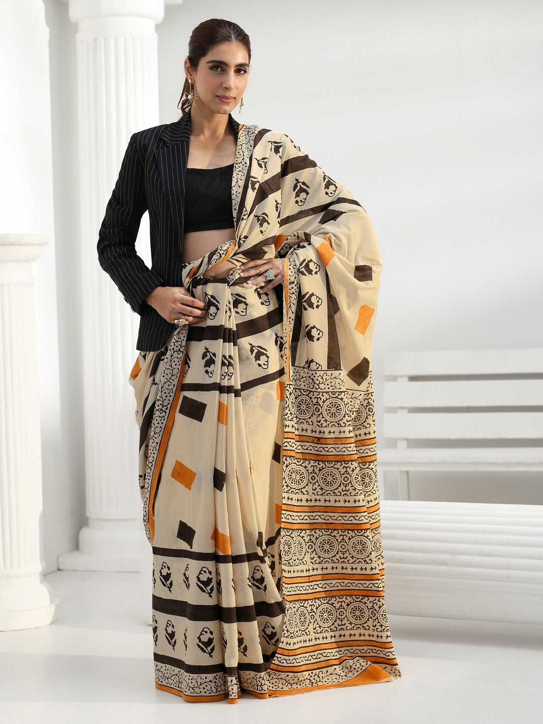 Beige Geometric Print Cotton Saree