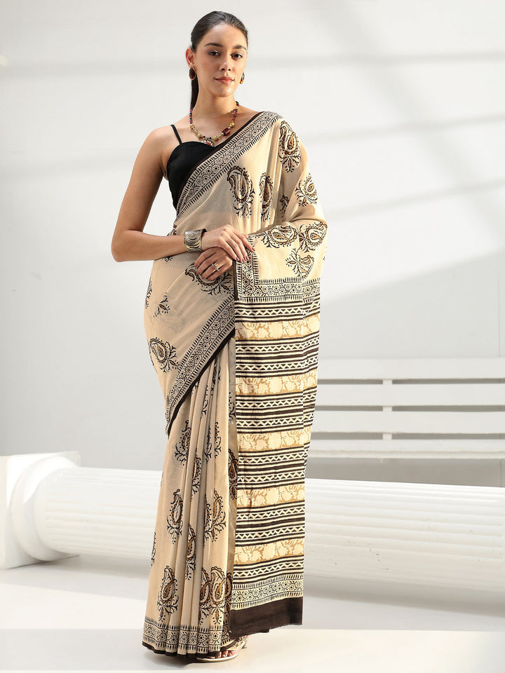 Beige Paisley Bagru Print Cotton Saree