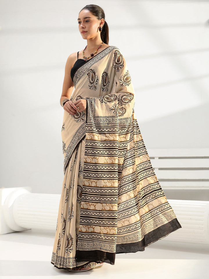 Beige Paisley Bagru Print Cotton Saree