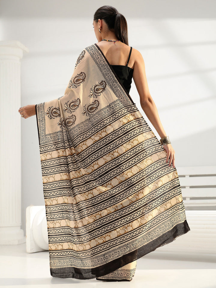 Beige Paisley Bagru Print Cotton Saree