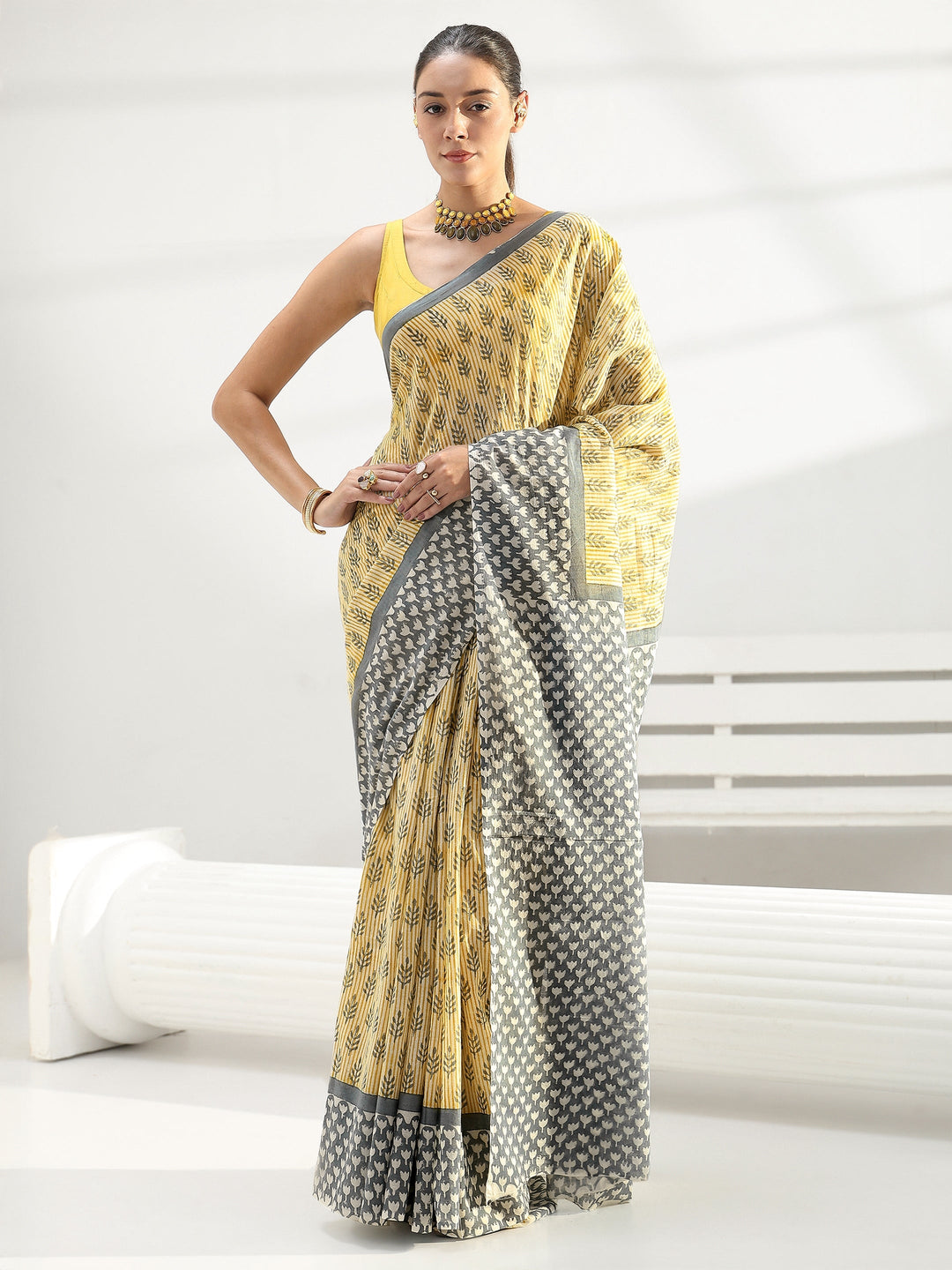 Light Yellow Sanganeri Print Cotton Saree
