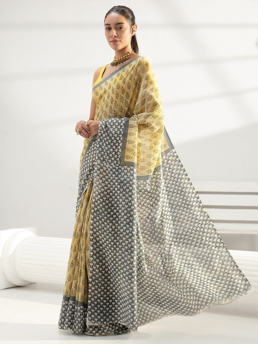 Light Yellow Sanganeri Print Cotton Saree