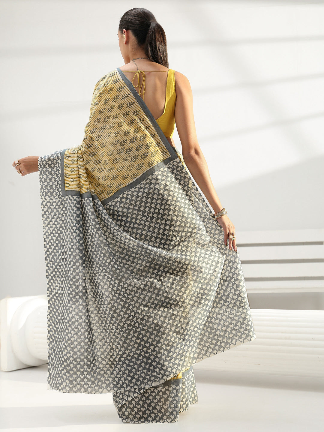 Light Yellow Sanganeri Print Cotton Saree