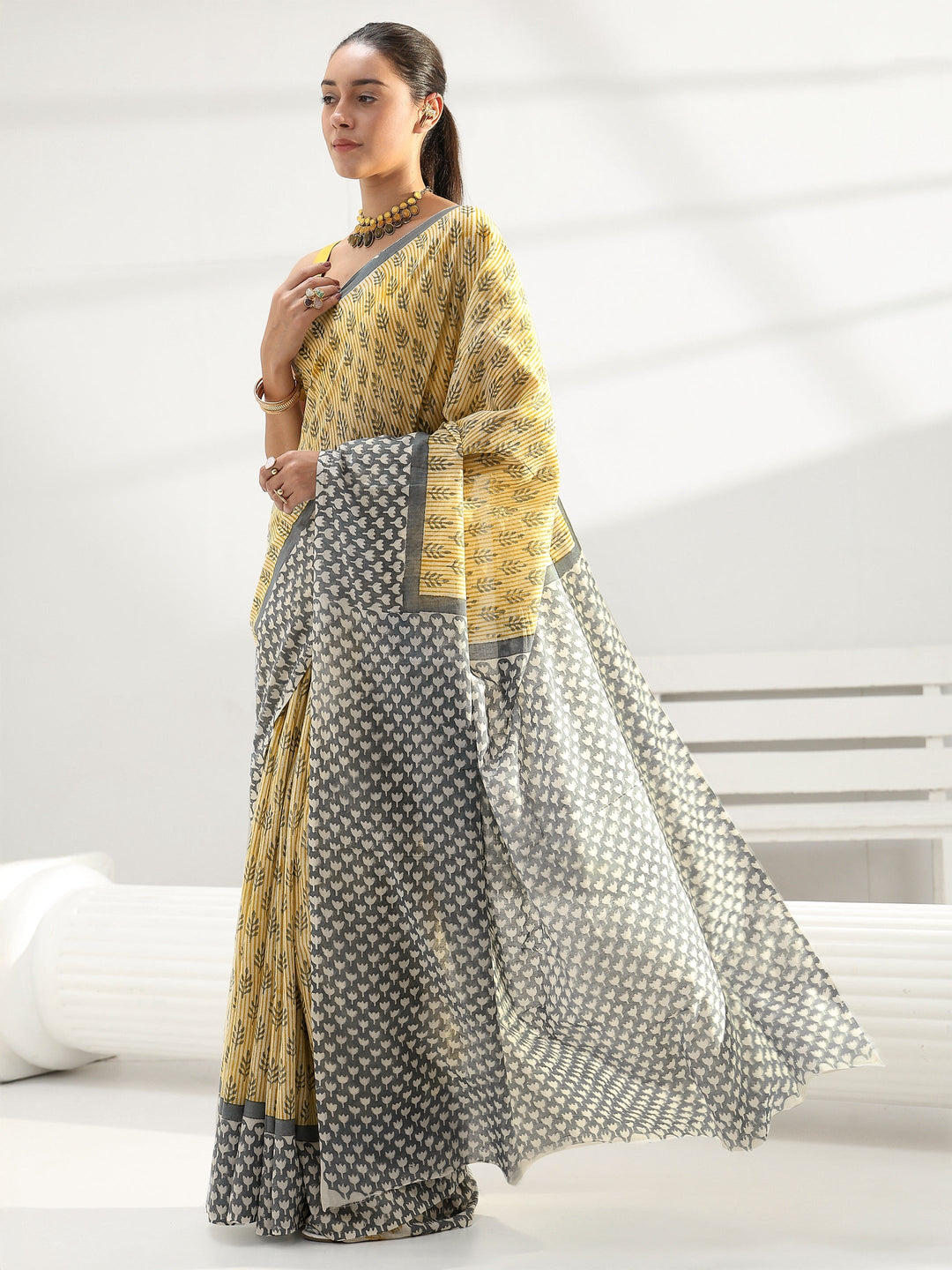 Light Yellow Sanganeri Print Cotton Saree