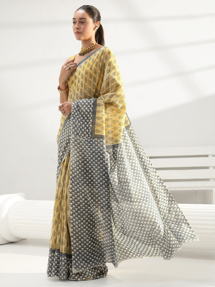 Light Yellow Sanganeri Print Cotton Saree