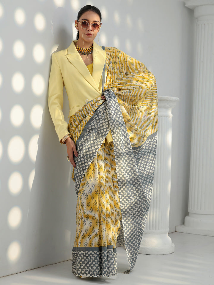 Light Yellow Sanganeri Print Cotton Saree