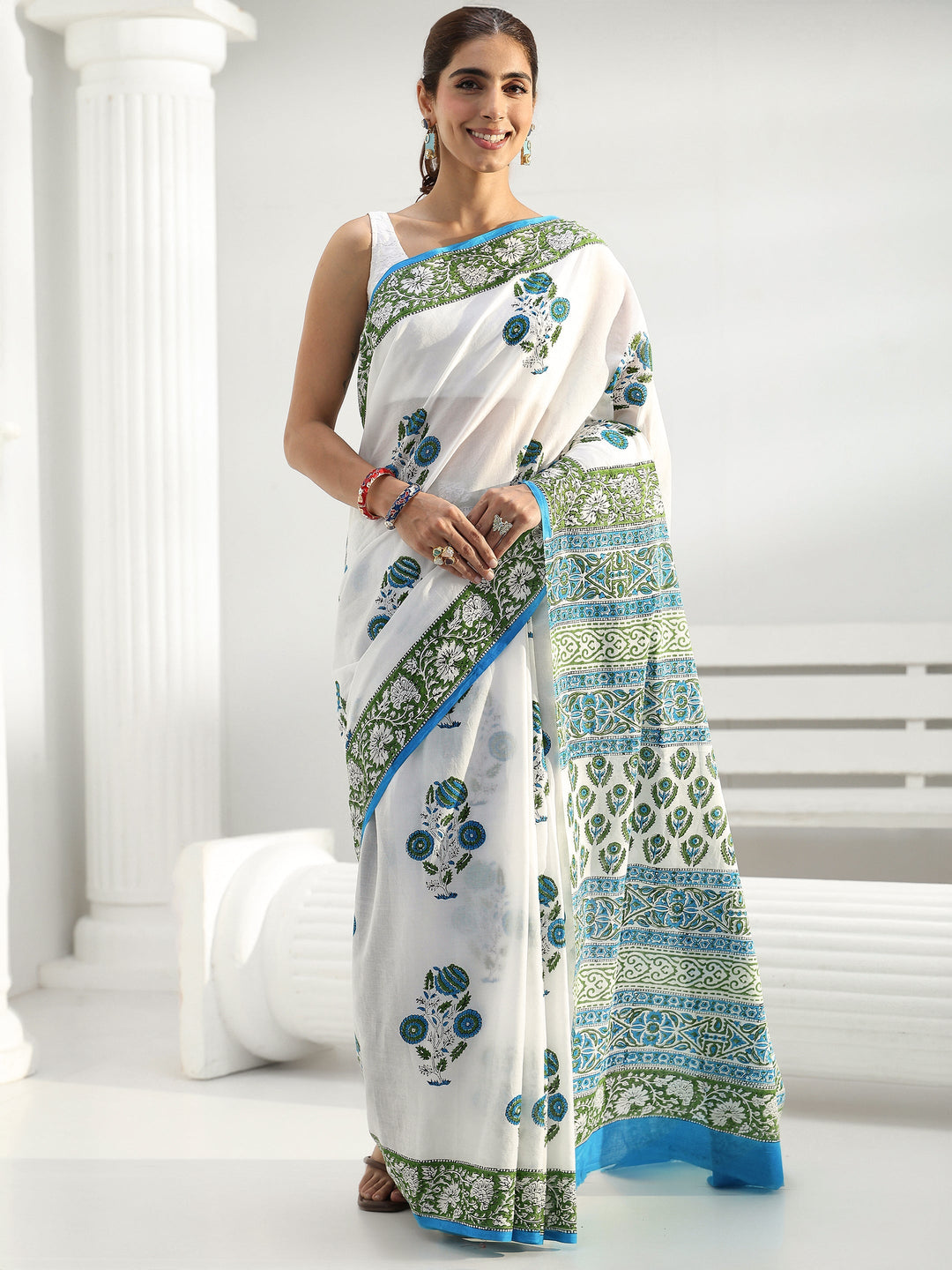 White Floral Sanganeri Print Cotton Saree