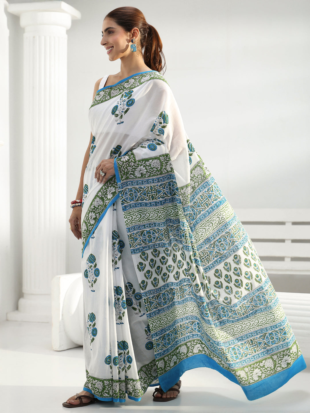 White Floral Sanganeri Print Cotton Saree