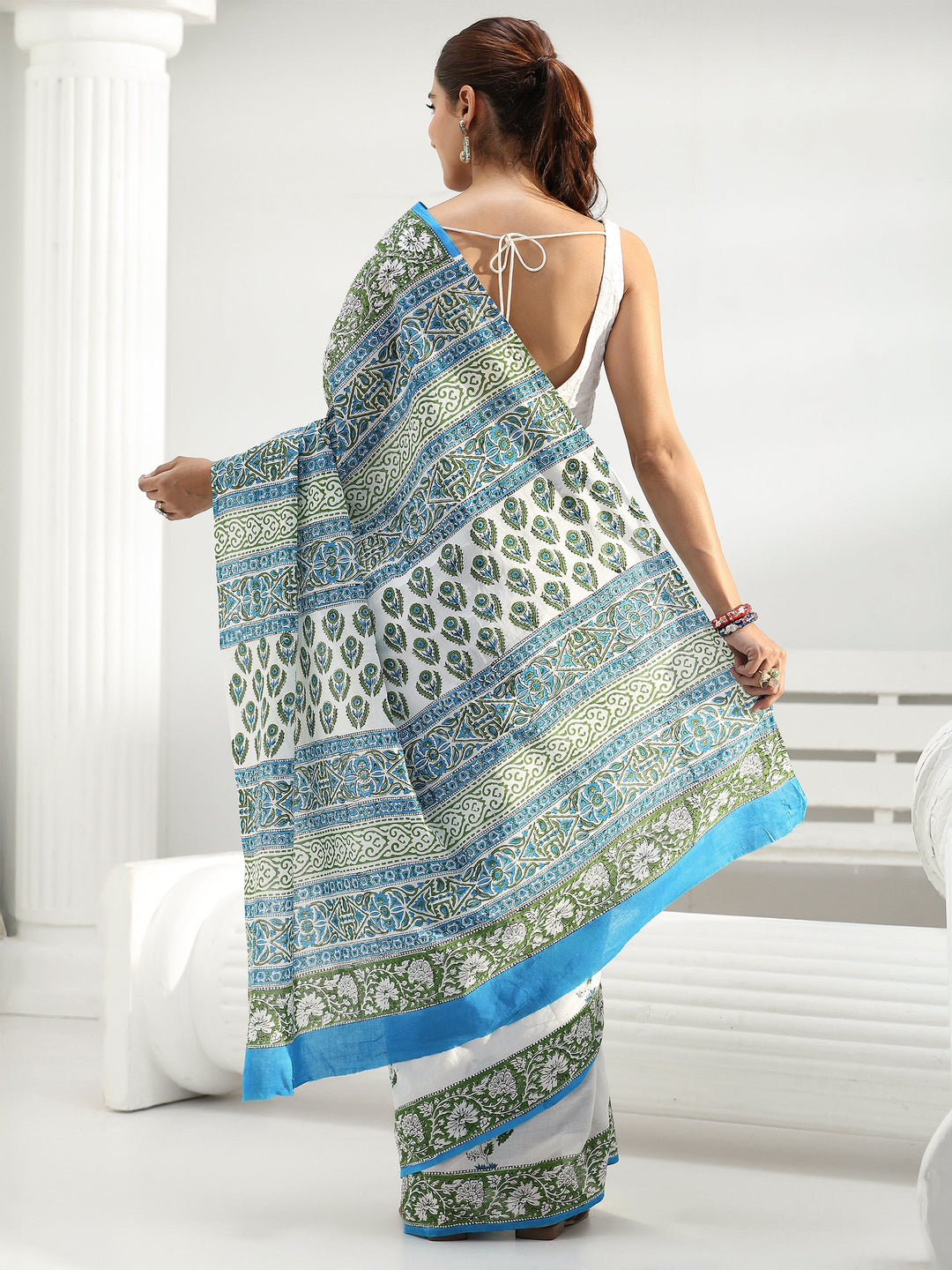 White Floral Sanganeri Print Cotton Saree