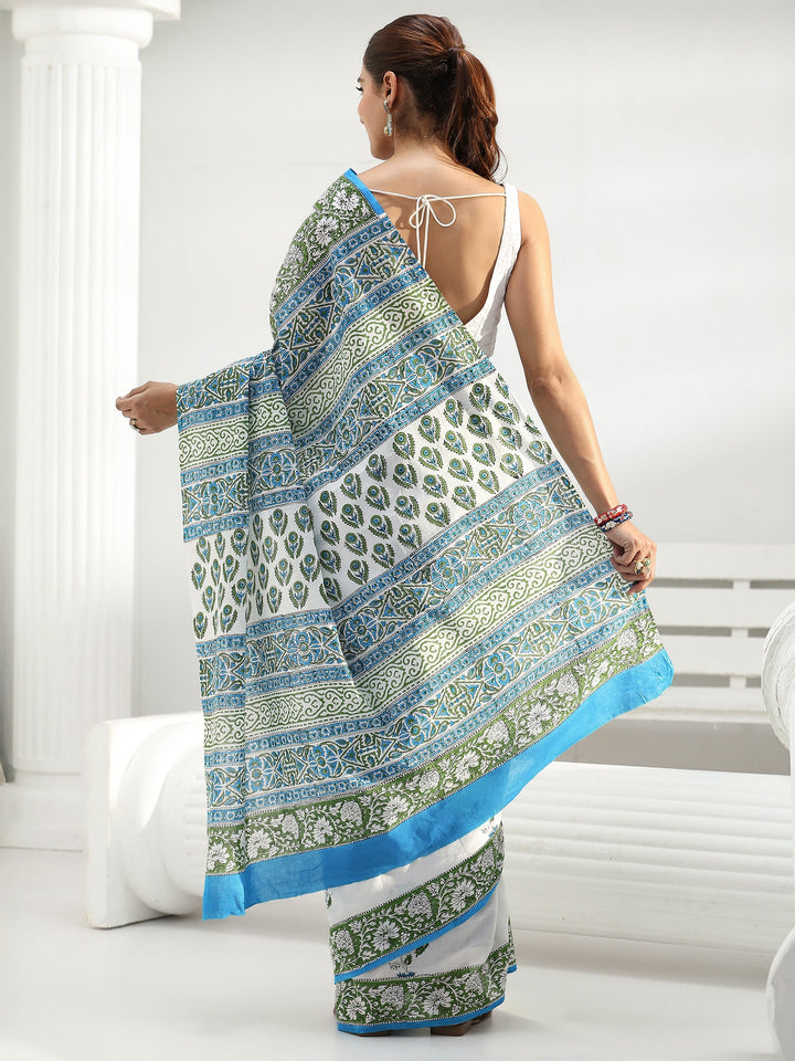 White Floral Sanganeri Print Cotton Saree